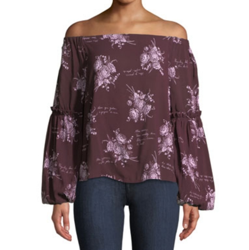 NWOT Cinq a Sept Off-the-Shoulder Floral Blouse in Plum and Lilac